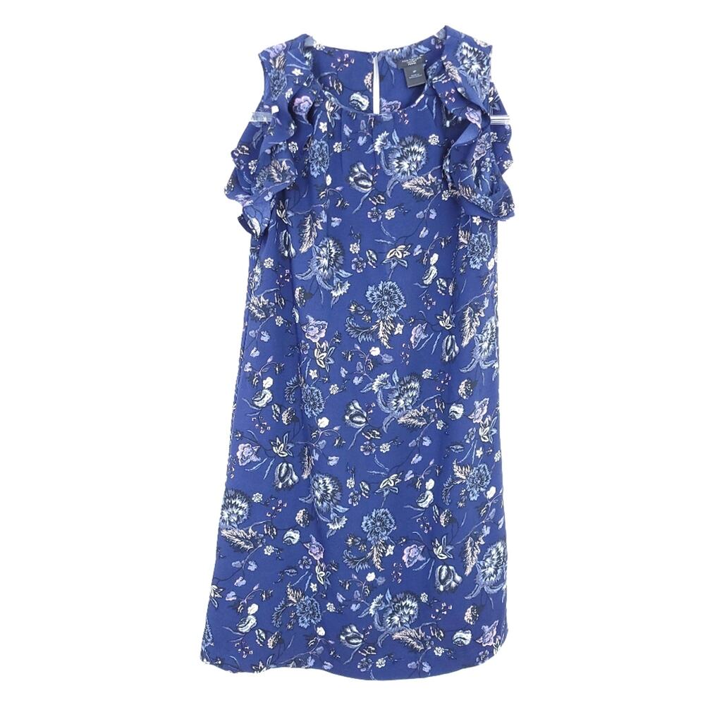 Ann Taylor Factory 0P Floral Dress Sleeveles Ruffle Trim Blue Pink Career Casual